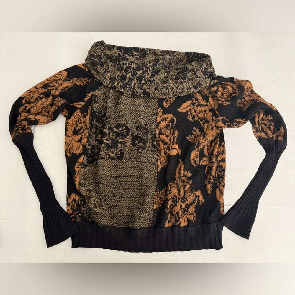 Free People Black Floral Pullover Boat Cowl Neck Multicolor Sweater Size Small